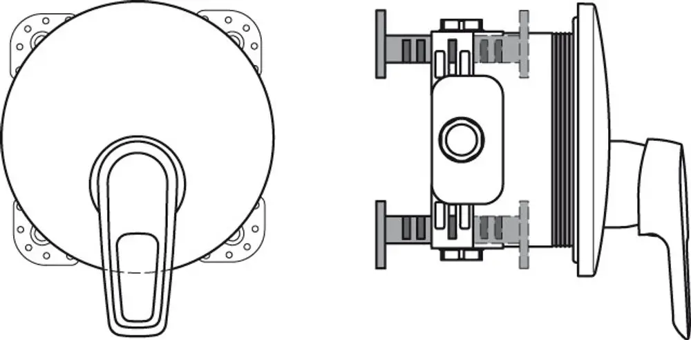 Kreisförmiger Armaturkopf mit seitlichem Hebel und Montagevorrichtung, dargestellt in technischer Ansicht. Design von Ideal Standard, geeignet für Badezimmeranwendungen.
